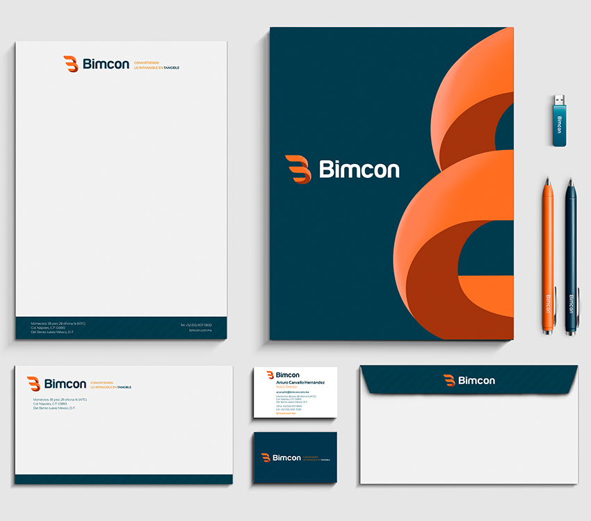 Diseño de la papelería corporativa de Bimcon, como parte del proyecto de branding global o proyecto de imagen corporativa