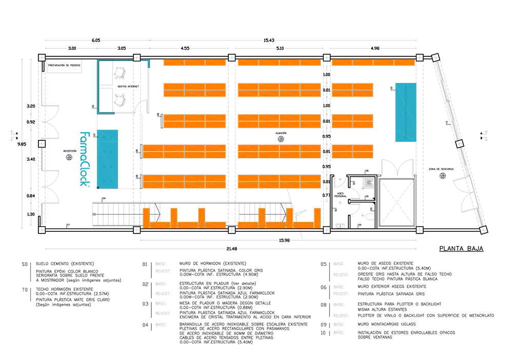 Proyecto de arquitectura corporativa FarmaClock, diseño y distribución de espacios de almacén.